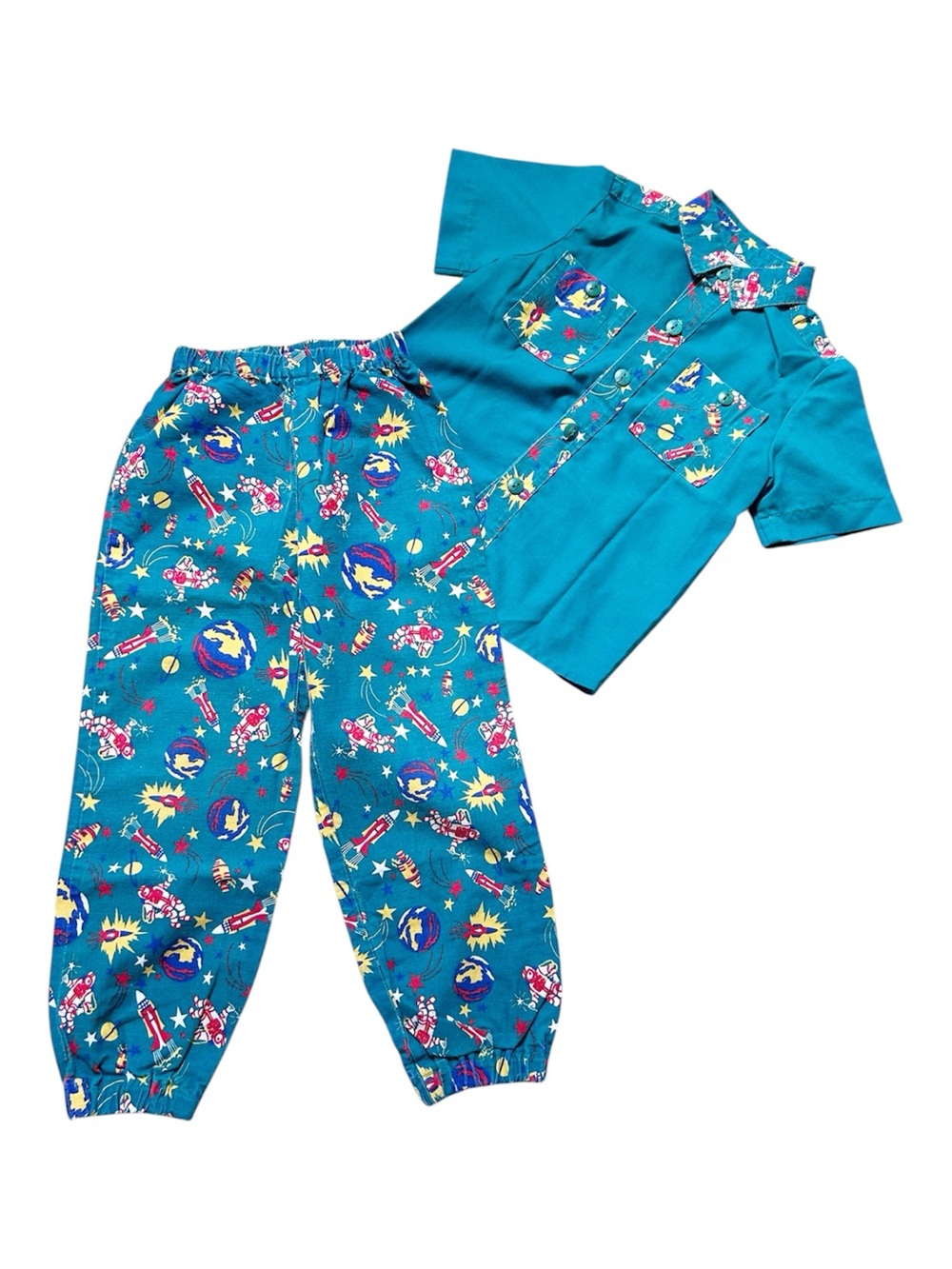 Vintage Handcrafted Teal Space-Print Boys Outfit Play Clothes Lightweight